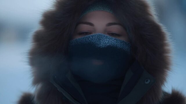 Woman in Fur Hood and Face Covering Standing in Snowy Winter Landscape