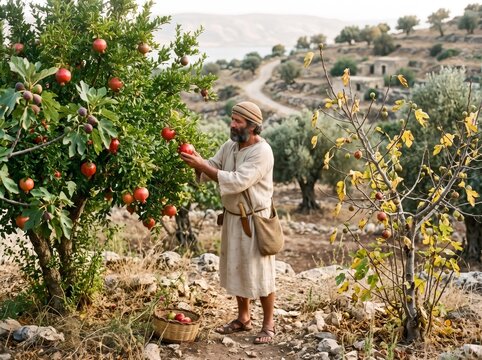 Farmer harvesting pomegranates symbolizing biblical parable of fruit