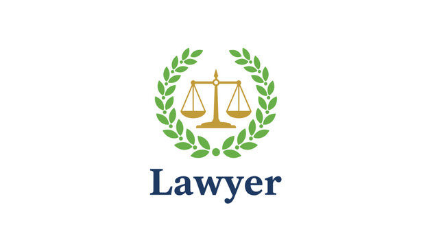 Professional lawyer logo design showing golden scale of justice surrounded by green laurel wreath over white background.