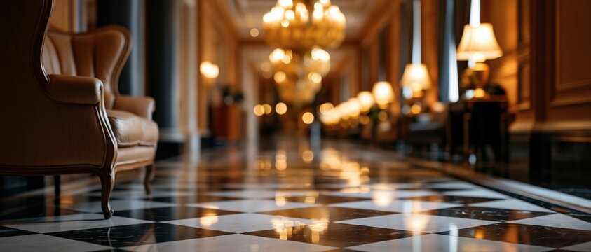 A beautifully defocused abstract blur of a grand hotel hallway featuring a glossy checkered floor, a classic armchair in focus, and warm glowing chandeliers bokeh.