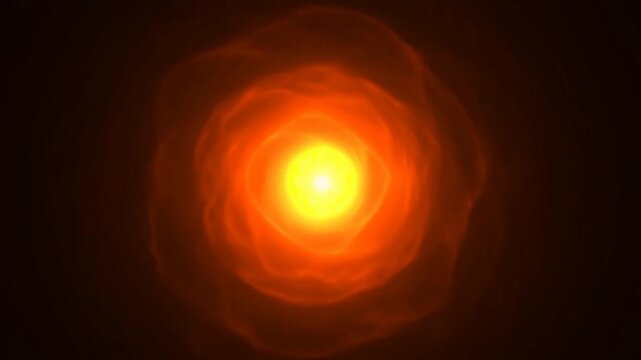Fiery glowing sphere grows brighter and smaller in dark space with orange light rings