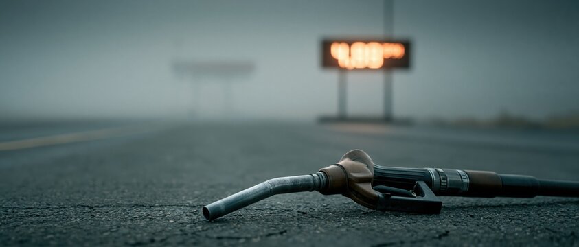 Conceptual photo of a fuel nozzle lying on misty asphalt with blurred glowing gas station price sign in the background. Symbolizes rising fuel costs, energy crisis, and economic inflation.
