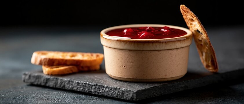 An elegant close-up photo of smooth duck liver pate topped with a glossy red berry jelly glaze in a ceramic ramekin, served with crispy toasted baguette slices on a black slate board.