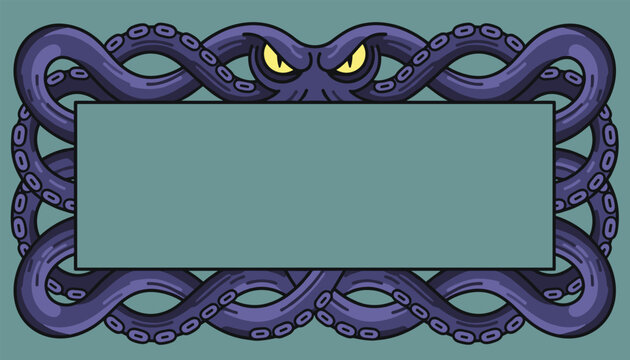 Spooky frame design composed of purple octopus tentacles with angry yellow eyes staring from the top border on blue.