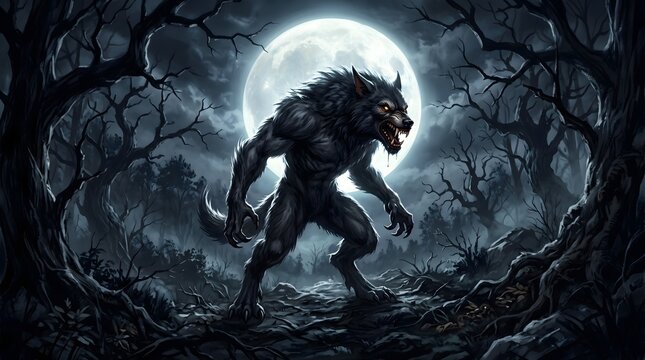 A terrifying werewolf standing in a dark forest under the light of a glowing full moon at night