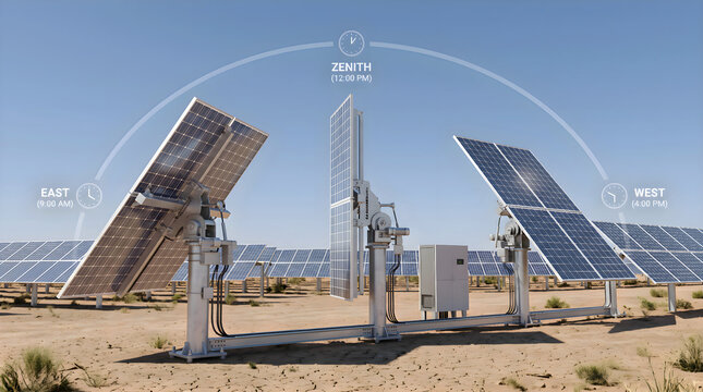 Solar tracker system diagram showing east to west movement photo, solar panel single dual axis tracking system from morning to evening, and clean energy technology graphic.