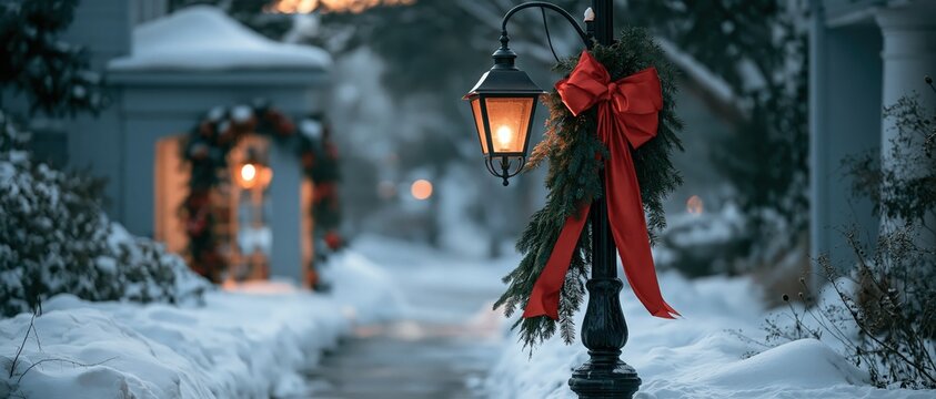 Glowing vintage street lamp adorned with evergreen pine branches and a red satin bow along a snowy suburban street at twilight during Christmas season.
