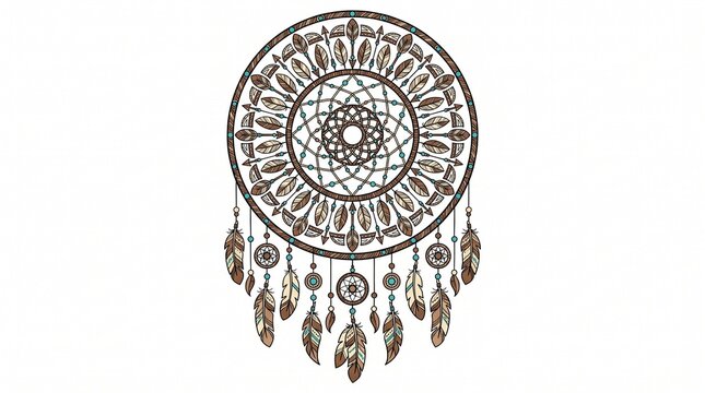 Intricate Native American Dreamcatcher Illustration Hanging Against a Plain White Background