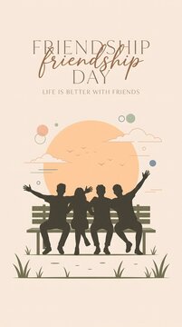 Group of happy friends sitting on a park bench together celebrating international friendship day with sunset background