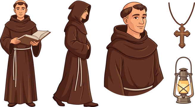 Monks Set with Book, Lantern, and Cross. Religious Figures in Brown Robes