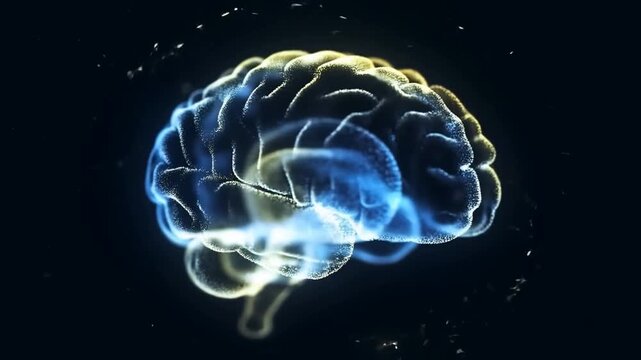 Glowing human brain suspended against a dark background with blue and gold light