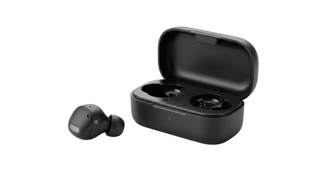 Black wireless earbuds resting beside an open portable charging dock case
