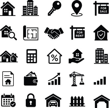 Real estate and property icons set featuring houses buildings keys and financial elements in solid black design