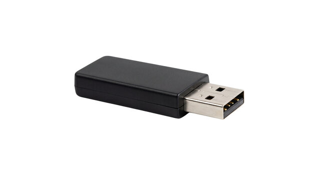 Black plastic usb flash drive isolated on clean white studio background