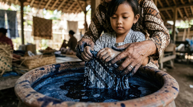 Young girl learning traditional batik dyeing process from adult hands.