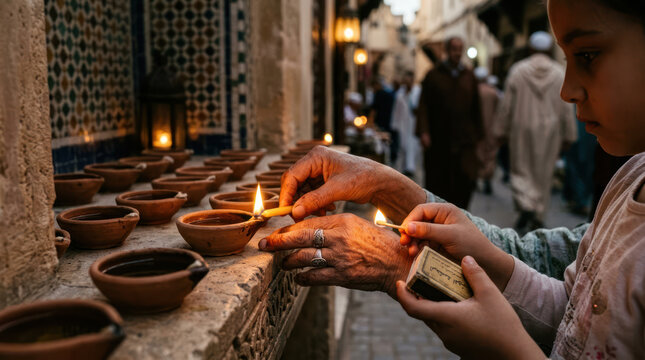 Young girl lighting oil lamps in a street market.
