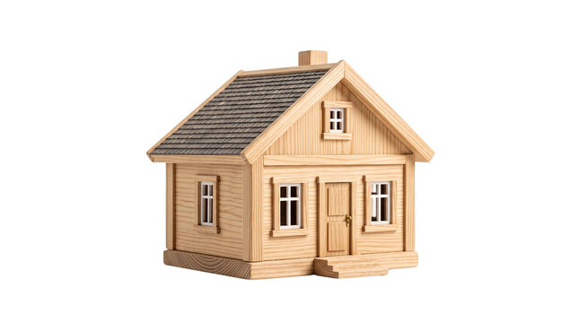 Detailed miniature wooden house model isolated on a plain white background