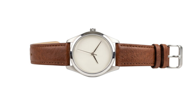 Elegant analog wristwatch featuring polished silver casing and brown leather strap