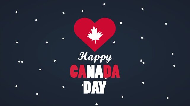 Happy Canada Day motion graphics animation with red heart and maple leaf symbol on dark background for national celebration holiday.