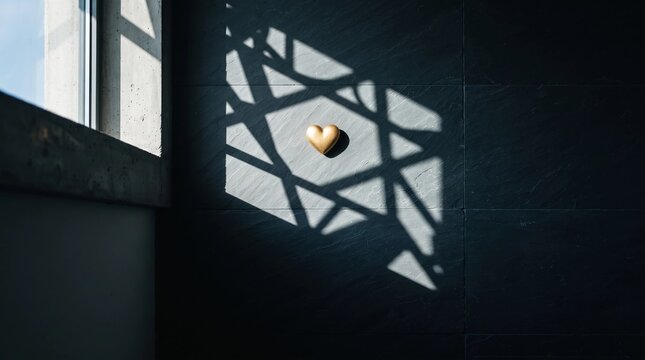 Golden heart symbol mounted on dark stone wall texture illuminated by dramatic geometric sunlight casting intricate shadows through a window frame in a serene indoor setting