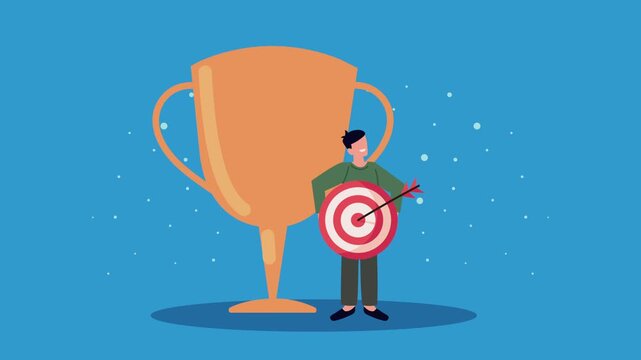 Man with target near big trophy representing success and achievement.