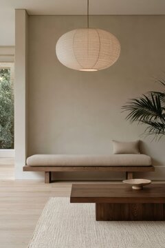 A serene Japandi seating nook features a low ash wood bench with a cream cushion, warm greige plaster walls, a woven rug, a paper pendant, a wooden coffee table, and leafy greenery in soft daylight
