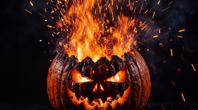 A scary carved pumpkin jack o lantern engulfed in bright orange flames with sparks flying ad social media download thambnail poster web template event festival 2026 2027 2028