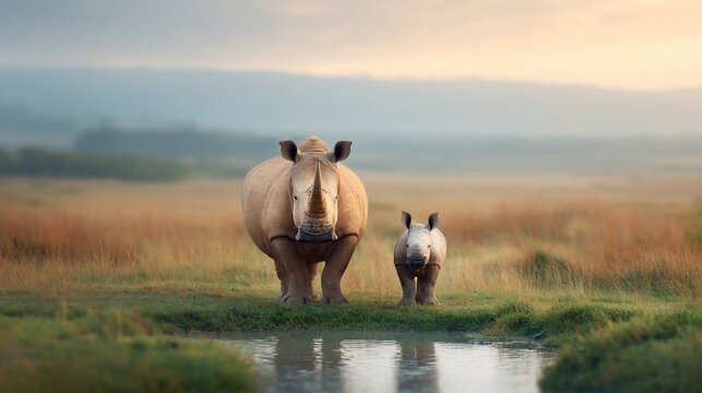 A mother rhino and her calf stand peacefully by water in a vast savanna landscape under a hazy sky