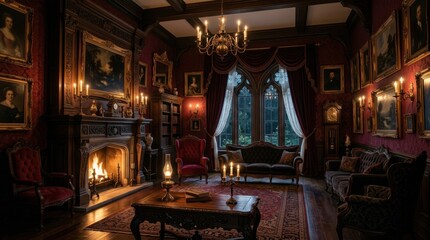 Naklejka premium Gothic Opulence: An interior of a grand, darkly opulent room featuring a fireplace with a roaring fire, antique furniture, and numerous portraits on the walls.