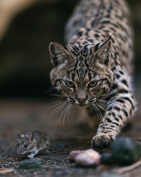 Intense macro portrait of a wild spotted cat crouching stealthily and stalking a small mouse on the ground, captured with sharp detail, dramatic shallow depth of field, and natural tones.