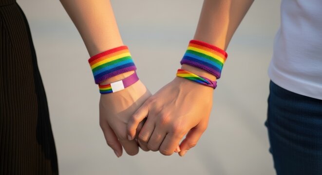 Two people holding hands with rainbow pride bracelets in sunlight