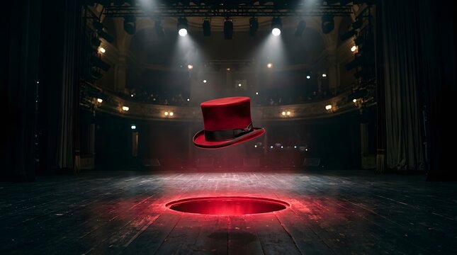 A captivating stage setting featuring a levitating top hat and a glowing red circle creating a mysterious atmosphere