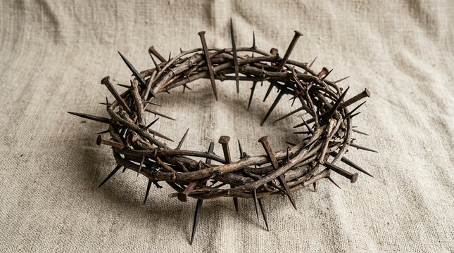 Crown of thorns and nails on burlap: symbolism of suffering and sacrifice