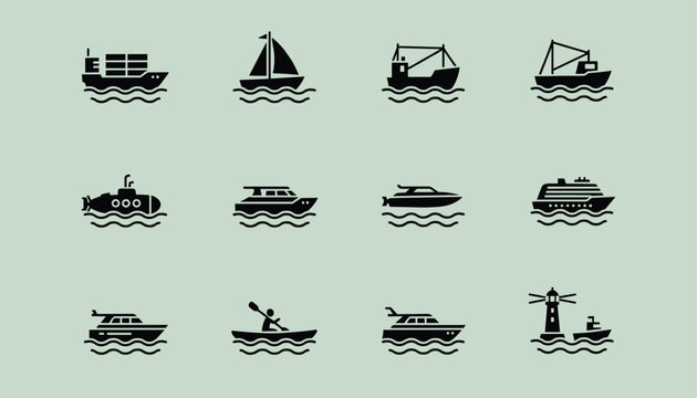 Collection of maritime shipping and boat icons depicting various types of vessels on a calm light green background for nautical designs.