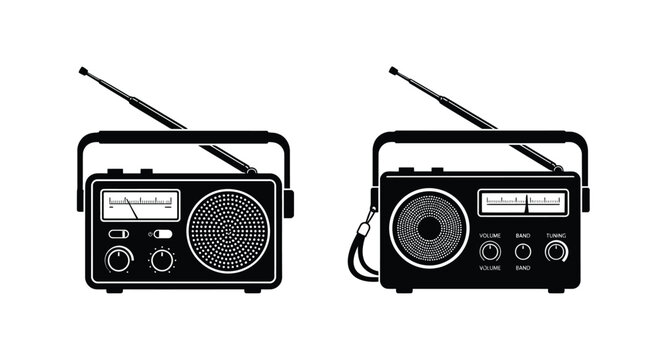 Two portable transistor radios depicted as black silhouettes on a white background