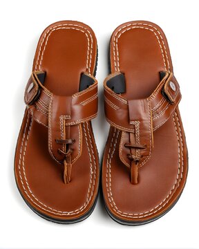 Brown leather sandals with visible stitching and sole texture, footwear product isolated on white background