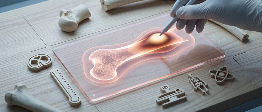 Orthopedic injury diagnostics concept with holographic bone model and skeletal icons showing recovery and measurement for sports science rehabilitation and bone density analysis
