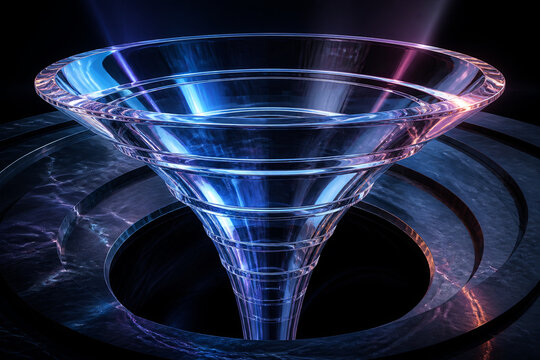 Hollow acrylic vortex funnel descending into black space