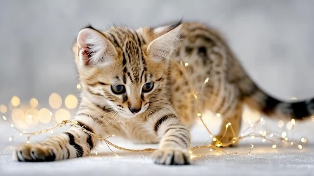 ?Playful kitten engaging with festive string lights in cozy setting