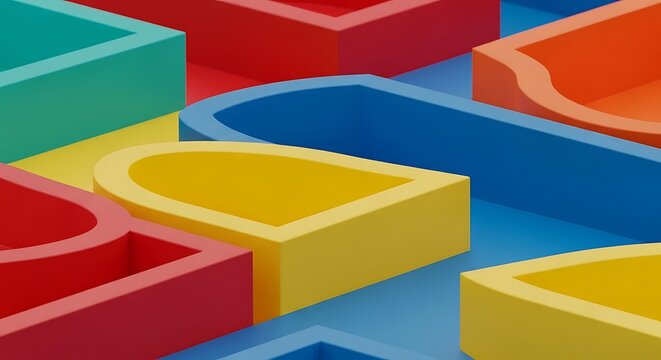 Abstract composition of colorful 3D geometric shapes with three dimensional