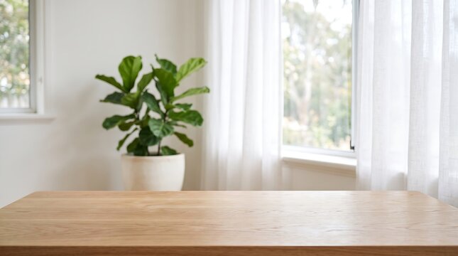 Empty wooden table top mockup with blurred minimalist home interior background for product presentation and display.