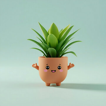 Cute 3D Green Plant in Friendly Character Pot Isolated on Soft Background