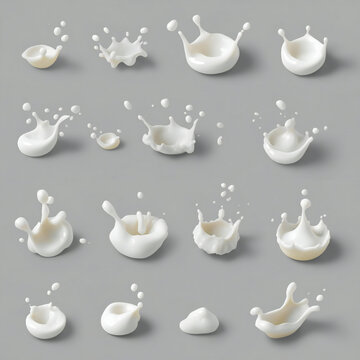 Collection of realistic milk and yogurt splashes isolated on grey background
