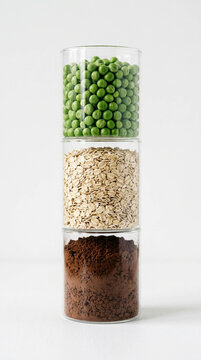 Chocolate Day Celebration with Stacked Glass Jars of Green Peas, Raw Oats, and Cocoa
