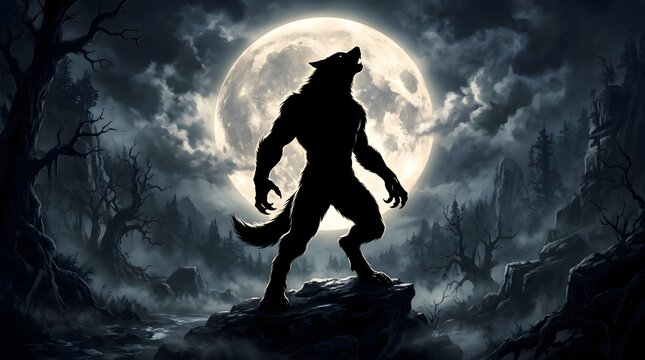 A terrifying werewolf silhouette howling at a large full moon in a dark and mysterious foggy forest