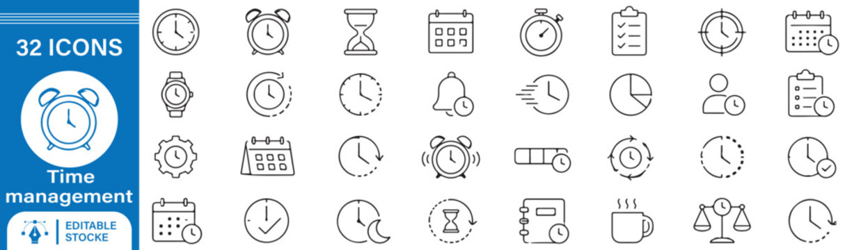32 Time Management Vector Outline Icons Set &ndash; Clock, Alarm, Calendar, Stopwatch, Schedule, Deadline and Productivity Line Symbols Collection