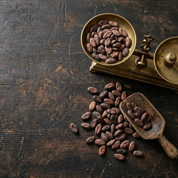 Chocolate Day Cocoa Beans in Vintage Brass Scale with Wooden Scoop on Dark Wood