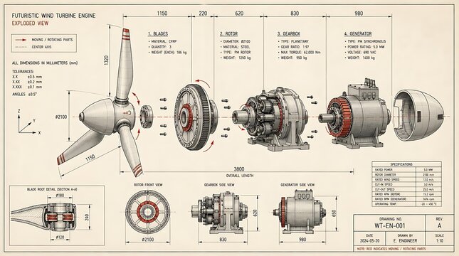 Technical architectural drawing presenting a horizontal exploded view of a futuristic wind turbine engine, featuring precise measurements, component breakdowns, and a specification table