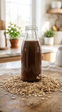 Chocolate Day Glass Bottle Filled With Chocolate Oat Milk Surrounded By Raw Oat Flakes