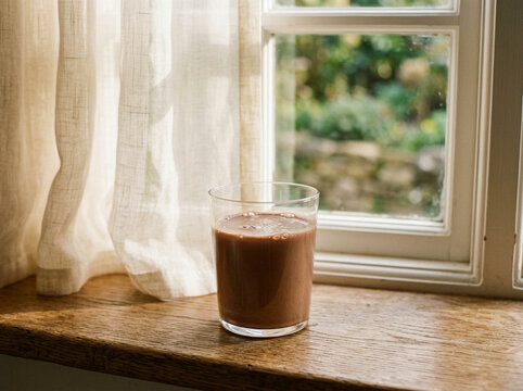 Chocolate Day Glass of Chocolate Milk on a Wooden Window Sill with Soft Morning